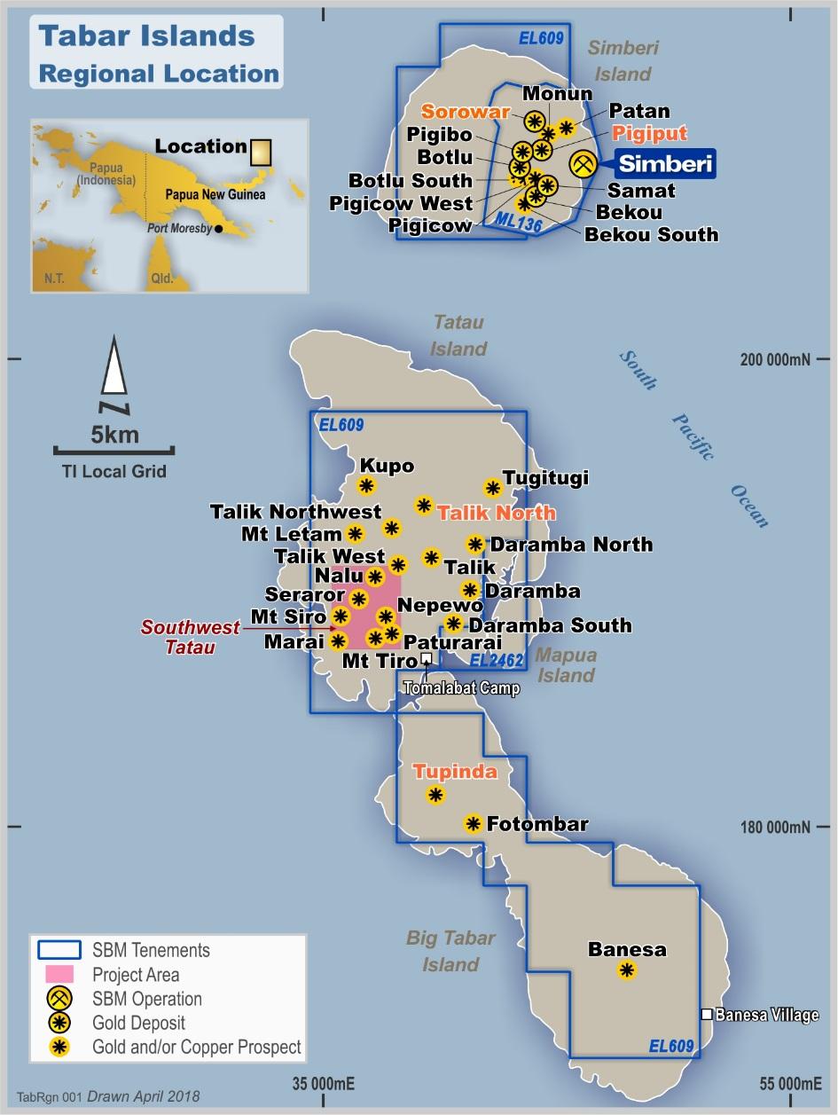 Exploration Tabar Island group, PNG, Q3 March Tabar Islands Simberi Pigiput 750m drill hole to assess conceptual Cu-Au porphyry target ongoing Newcrest Option and Farm-in three drills holes