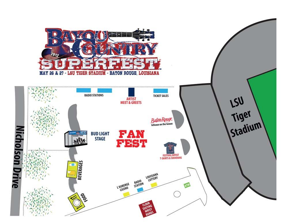 Bayou Country Superfest Fan Fest Lot A (Tiger Stadium at Nicholson Drive) 11:00 AM 5:00 PM Free and Open to the Public Featuring music, food and fun, Fan Fest will take place each day of Bayou