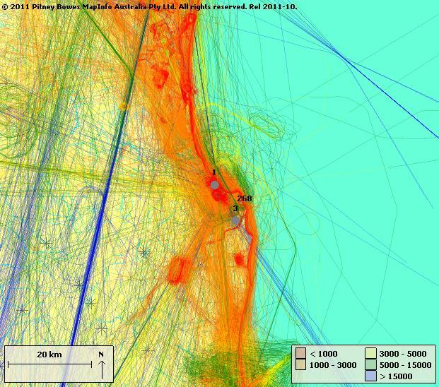 3.2 Non-Jet Arrival / Departures by Altitudes Figure 5 below shows non jet tracks (arrivals and departures) at Gold Coast Airport coloured by altitude. Noise monitors (EMUs) are shown as grey circles.