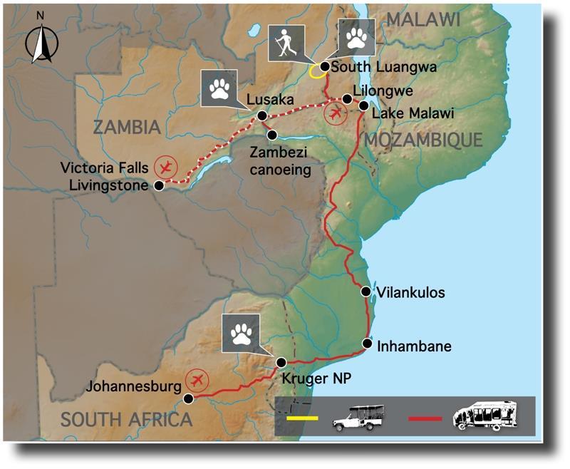 LM22 Zambia, Malawi, Mozambique is the full 22 day tour. The LL12 Zambia & Malawi covers highlights of Zambia, with Lake Malawi, in just 12 days. Ends Lilongwe.