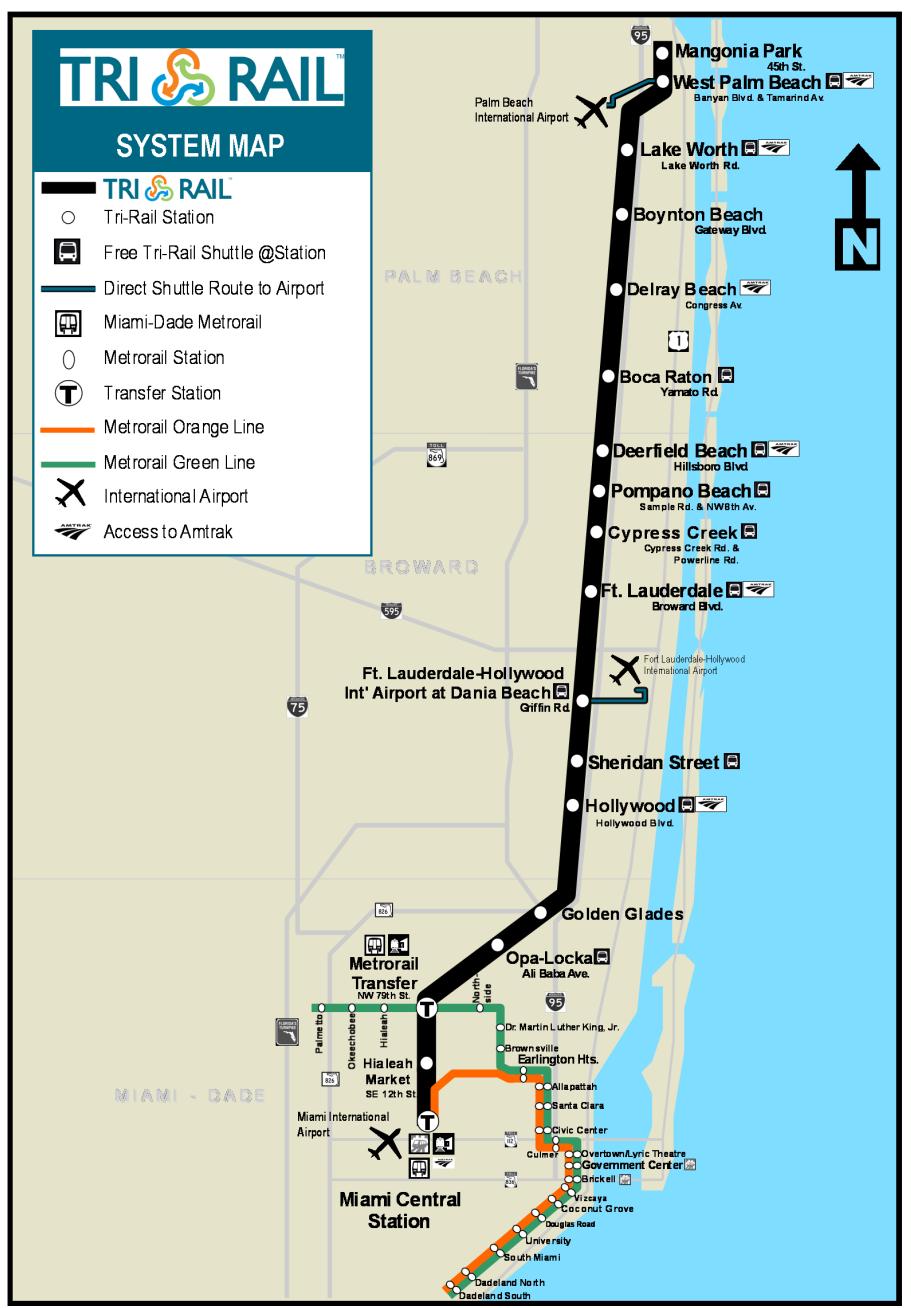 Current Tri-Rail Service Miami Int l Airport 72 mile system Now 18 stations 50 trains per weekday Peak- 20 &