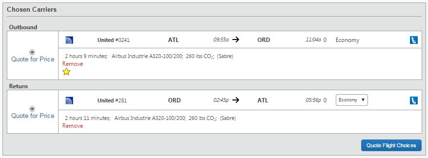 The user chooses from the new flights available and clicks Quote Flight Choices.
