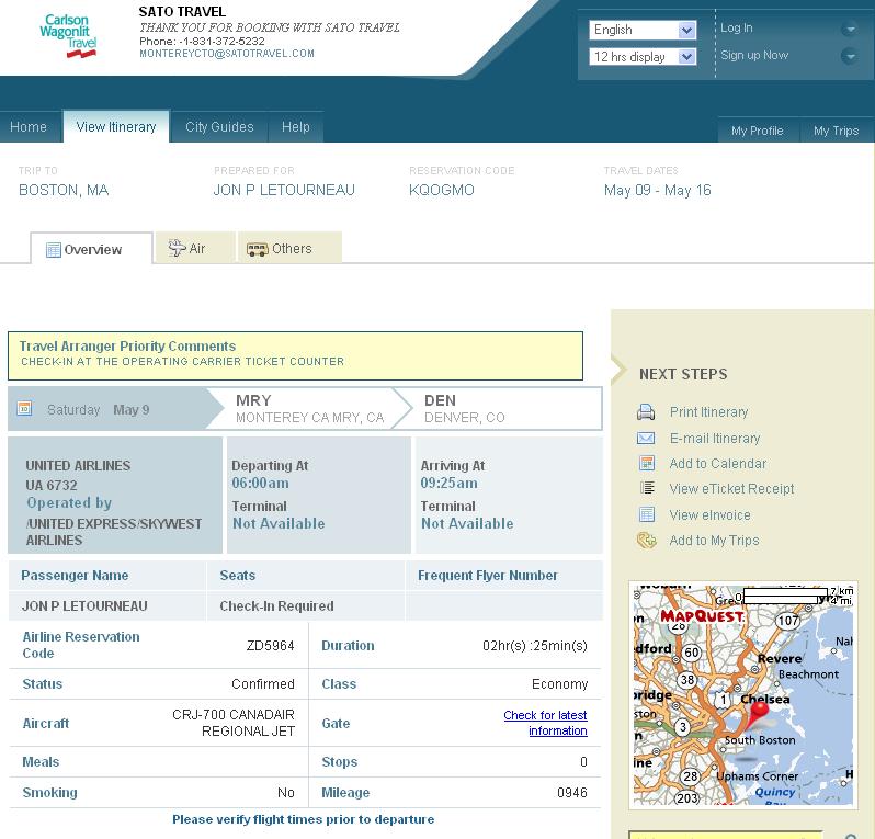 This screen shows the Overview tab. There is more information about the airline reservations in the Air tab, and rental car and hotel reservation information is shown in the Others tab.