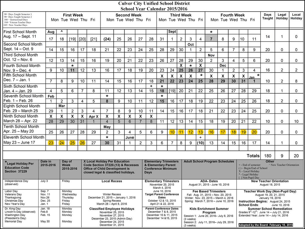Figure 2 CCUSD School Calendar City staff received written confirmation from the CCUSD Superintendent, Head of CCUSD security, and OCD Director indicating that the schools in the vicinity of the