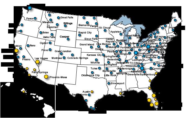 A very large niche Yellow dots leisure destinations Blue dots origination cities Large dots - bases Based on current