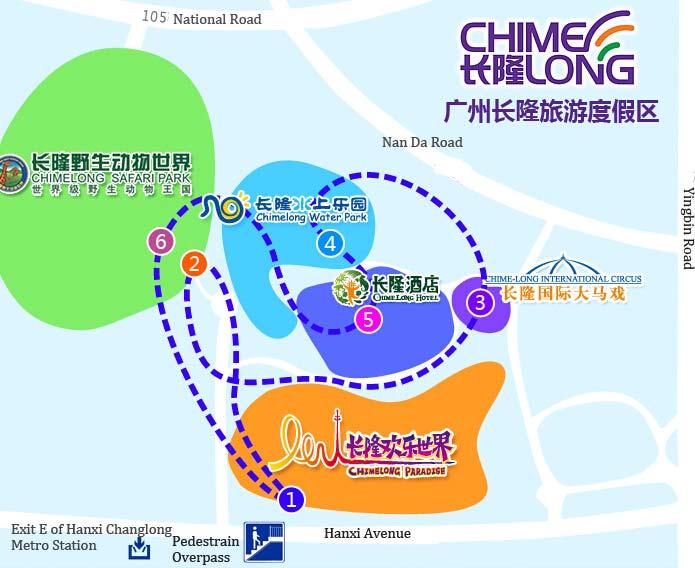 Routing of Free Shuttle Bus in Chimelong Tourist Resort Hanxi Chimelong Metro Station South Entrance of Guangzhou Xiangjiang Safari Park The Main Entrance of