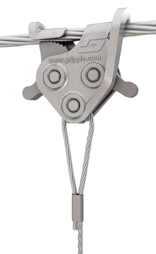 The Gripple C-Clip, an innovative twist-on/ off device, allows you to suspend from anywhere along the span.
