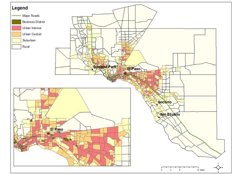 Figure 2. El Paso Area Types. Figure 2 shows five area types in the El Paso MPO study area Business District (BD), Urban Intense (UI), Urban Central (UC), Suburban, and Rural.