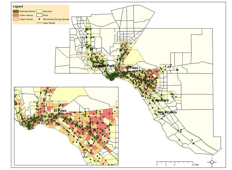 Figure 3. El Paso Work Place Survey Recruitment Sample - Site Locations. Table 4. Work Place Survey Recruitment by Area Type and Employment Category.