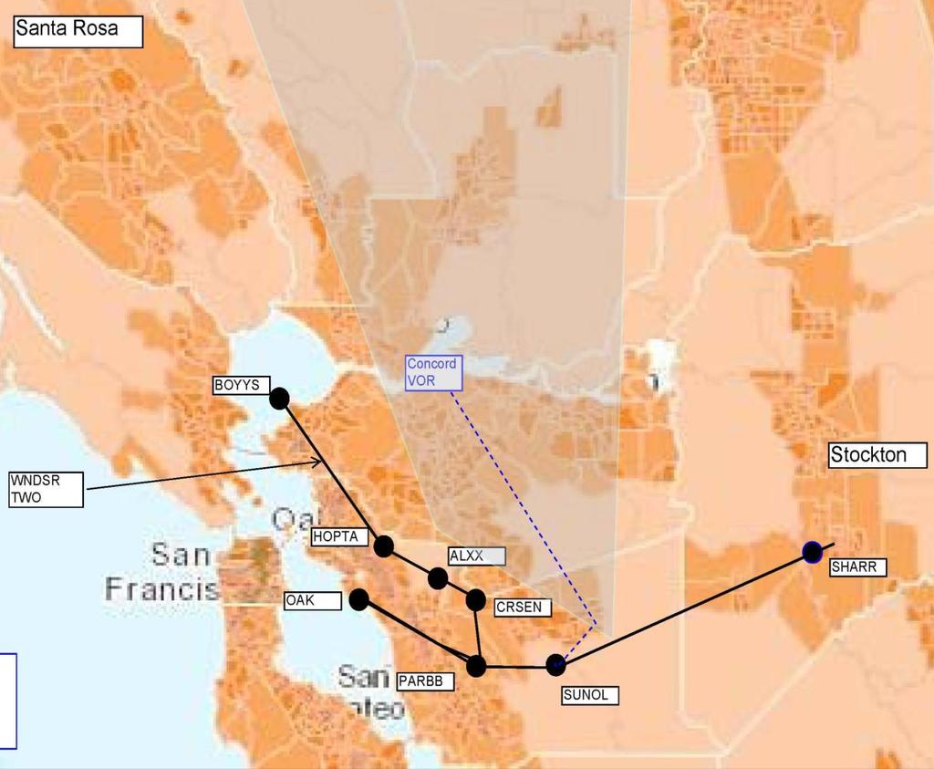 OAK Proposal Move the WNDSR Arrival Alternative Two Brings traffic southward over low-lying (200-400 feet MSL) areas at altitudes greater than 10,000 feet.