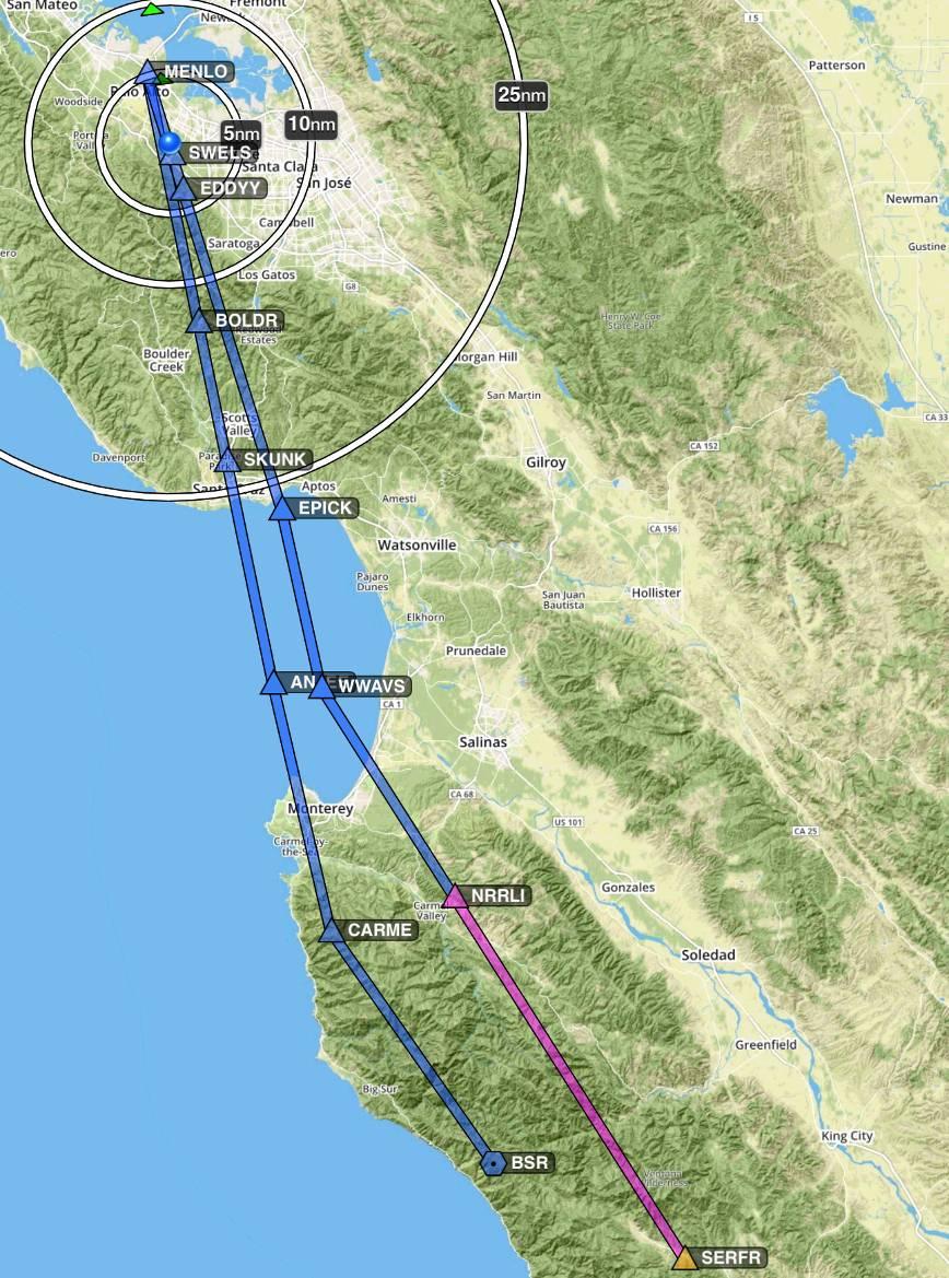 Topography Map Showing BIGSUR and SERFR Together And the FAA saw that the BIGSUR and SERFR arrivals