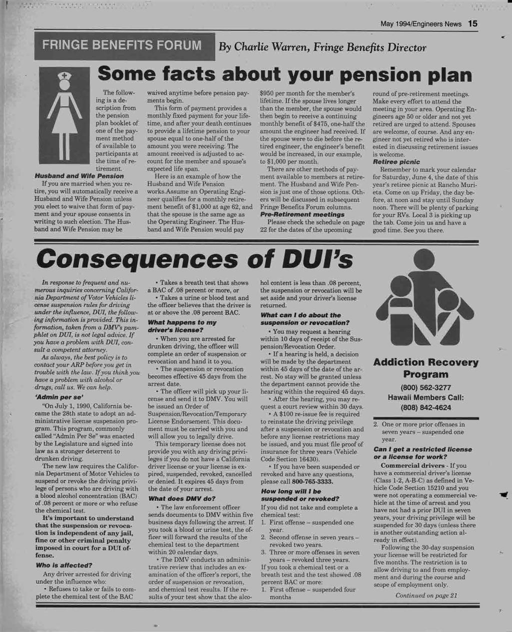 --------- FRINGE BENEFITS FORUM By Charlie Warren, Fringe Benefits Director May 1994/Engineers News 15 H Some facts about your pension plan The follow- waived anytime before pension pay- $950 per