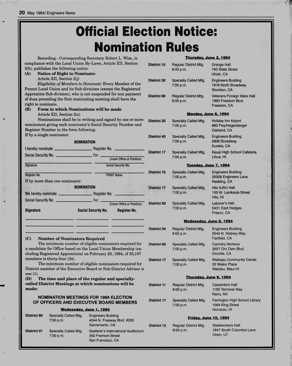 'll< p--2,... 48*, 20 May 1994/ Engineers News -D Official Election Notice Nomination Rules Recording - Corresponding Secretary Robert L. Wise, in Thursday. June 2.