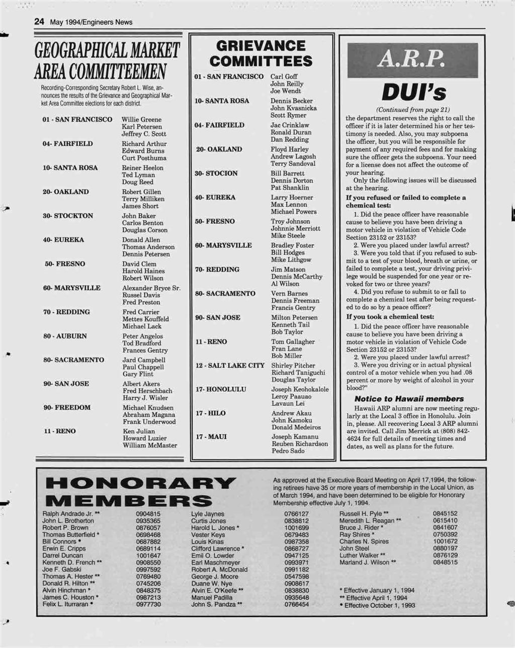 . ' 'b,,,, -1..4,... 24 May 1994/Engineers News GEOGRAPHICAL MARKET GRIEVANCE AREA COMMITTEEMEN 01 - SAN FRANCISCO Carl Goff John Reilly Recording-Corresponding Secretary Robert L.