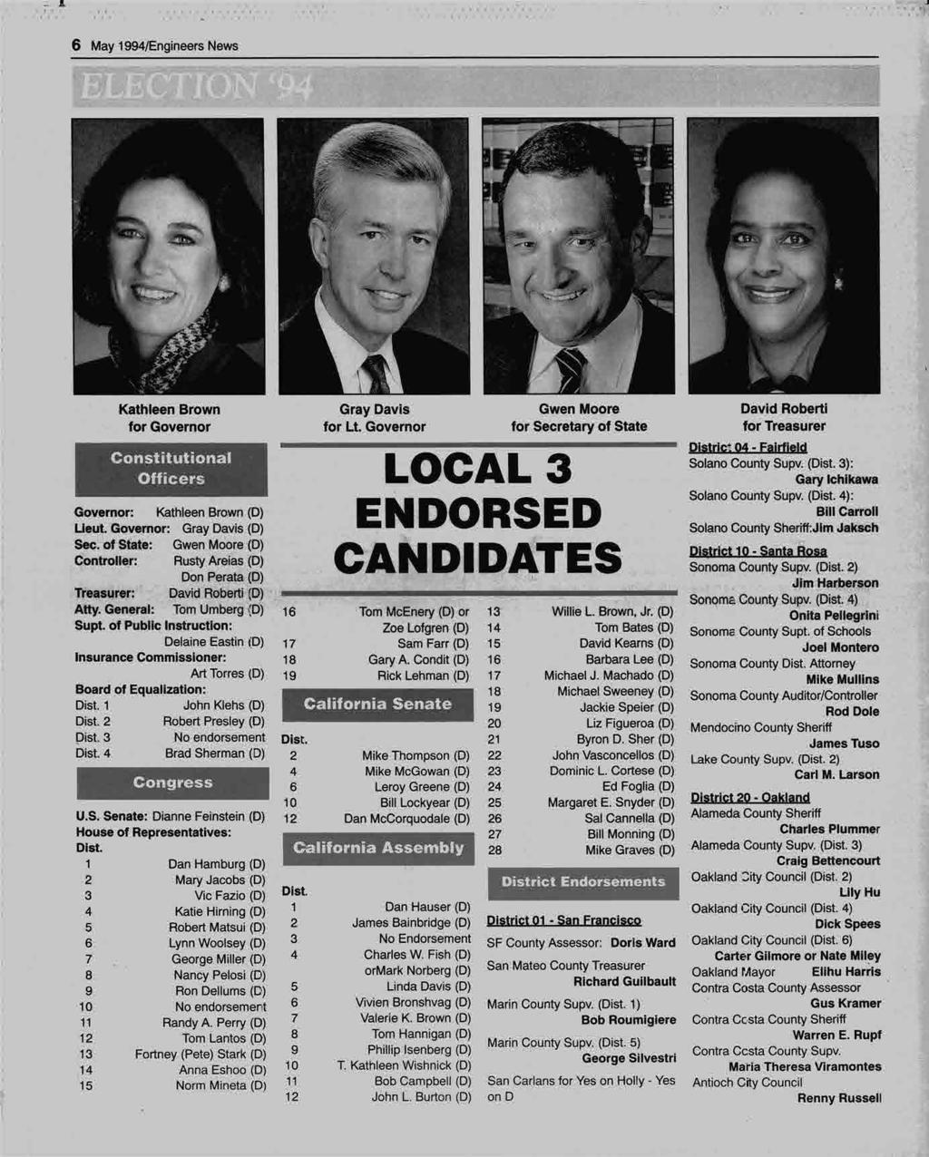 1 6 May 1994/Engineers News, 11 -IT 4 1 1 Kathleen Brown Gray Davis Gwen Moore David Roberti for Governor for Lt.